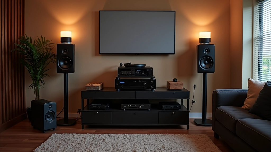 Kompletní audio setup v moderním interiéru s monitory a sluchátky