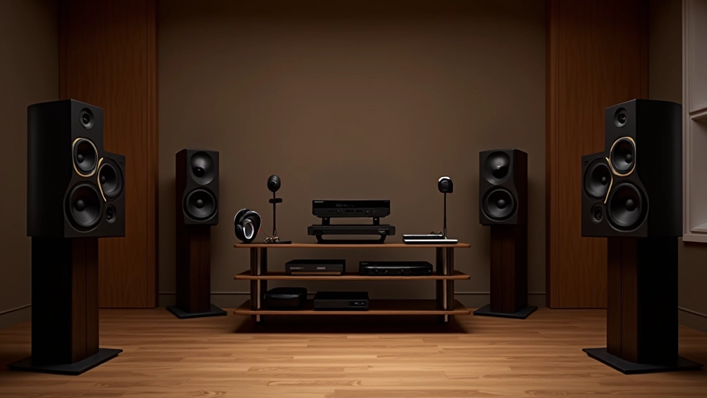 Showroom audiotechniky s vystavenými reproduktory a sluchátky v moderním interiéru