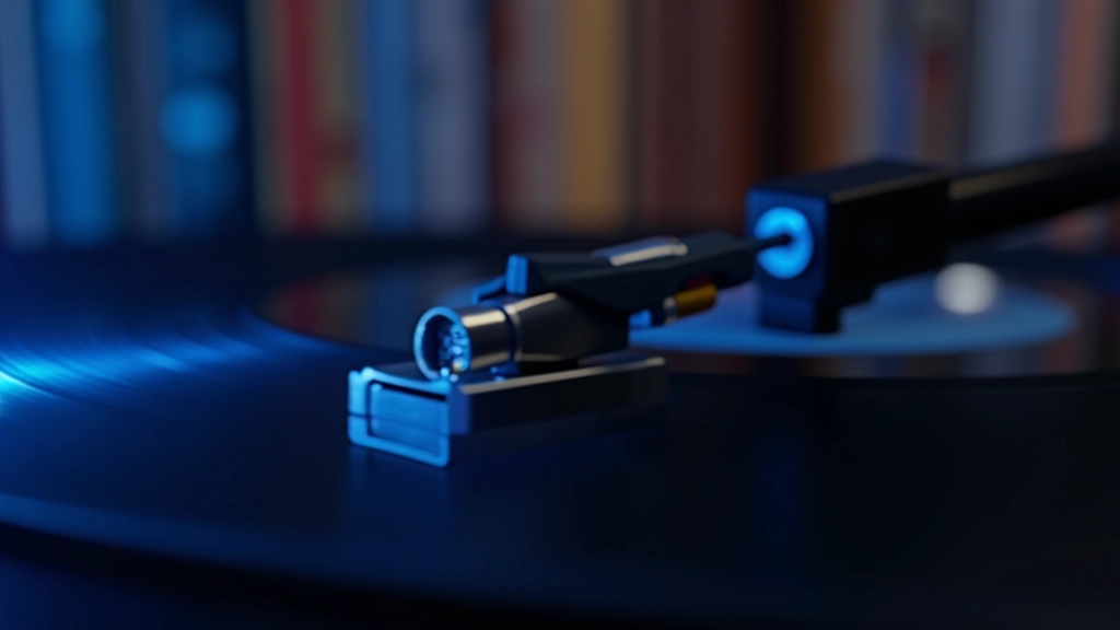 Vysoce kvalitní turntablová přenoska MM typu na vinyl desce s modrým osvětlením